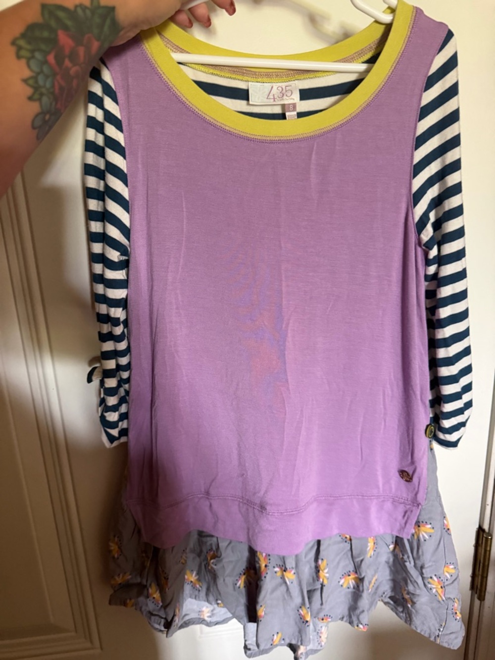 Matilda Jane Lavender Layered Top with Navy Striped Sleeves and Yellow Trim